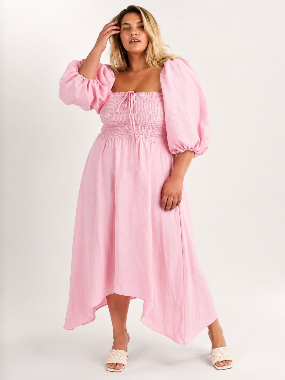 Baacal Colette Dress Women’s 22/24 Pink Puff Sleeve Midi NWT